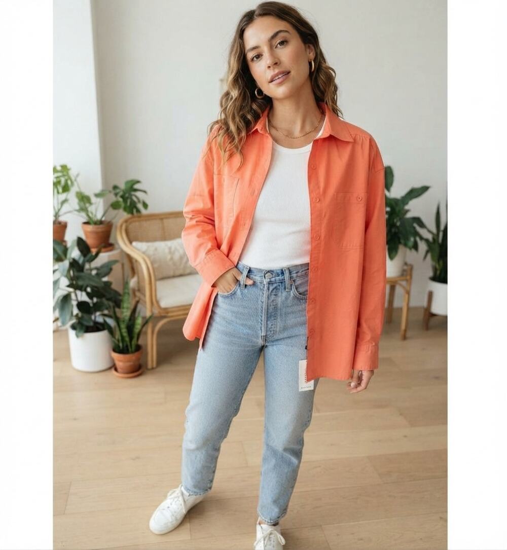 NWT Pepaloves Orange Textured Grid Cotton Utility Button-Down Shirt Size M